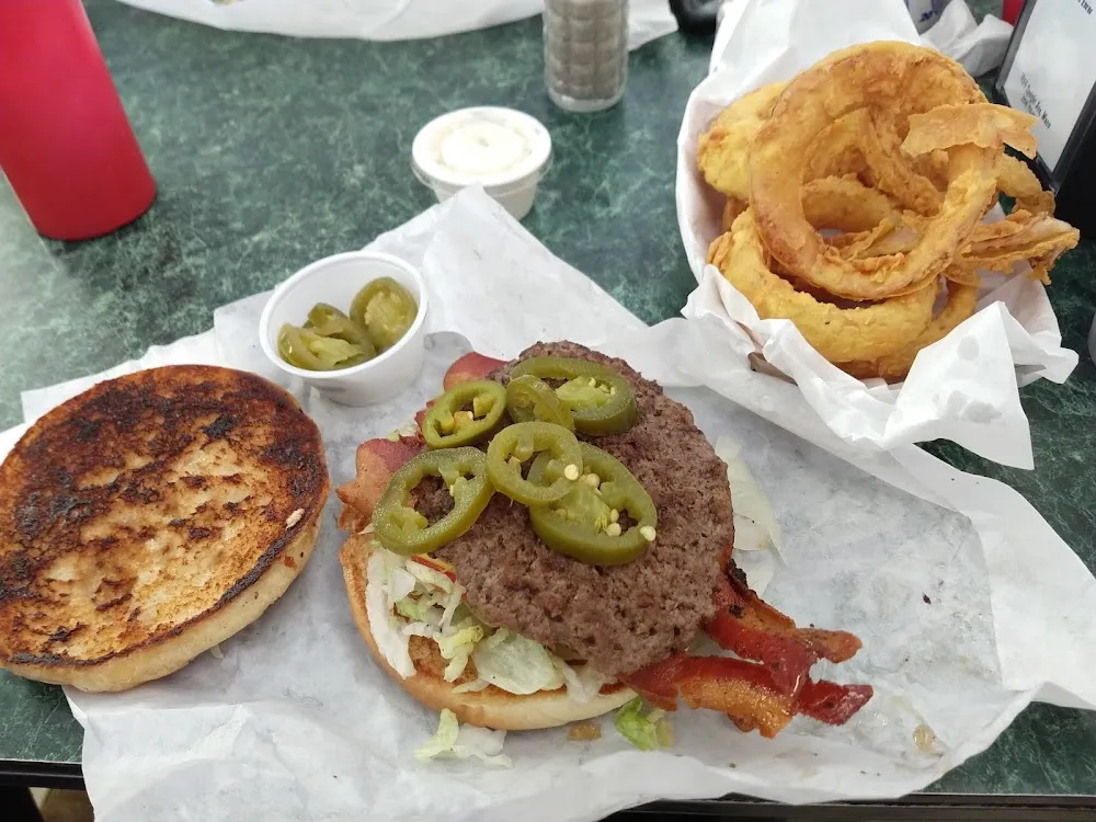 Bacon Cheeseburger with Jalapenos and Side of Onion Rings